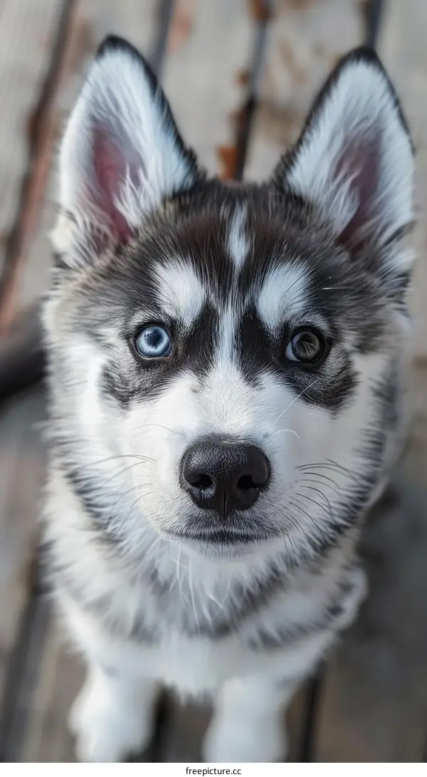 Cute Siberian Husky Puppy Looks Up at Camera