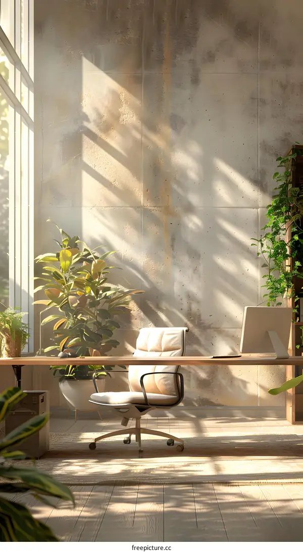 Home office interior with plants and iMac computer