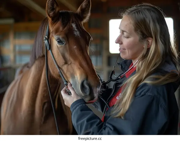 A veterinarian examines a horse's health with a stethoscope