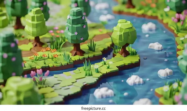 Low Poly Green Forest with River