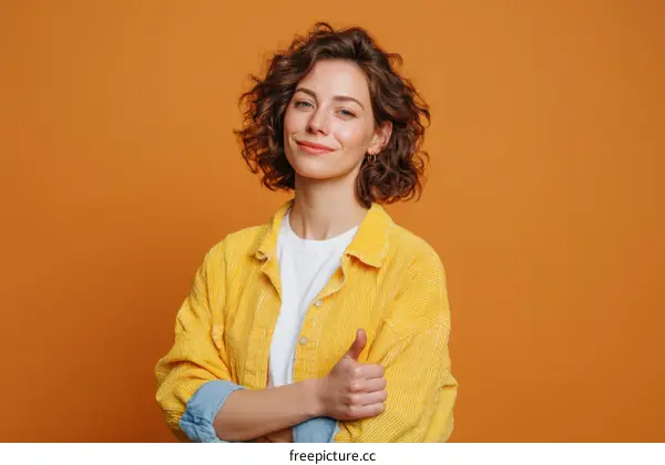 Smiling Woman in Yellow Jacket Against Orange Background