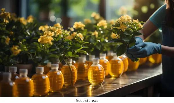 gloved hands holding yellow flower