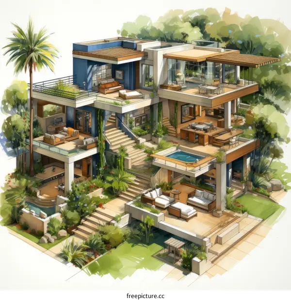 A modern and luxurious house with a pool and a beautiful garden