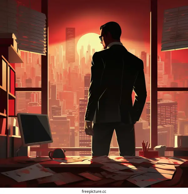 Businessman looking out at the city from his office window