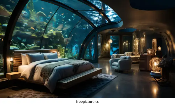 Underwater hotel bedroom with huge window facing the ocean