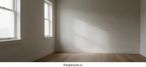 Empty room with white walls and wooden floor near windows