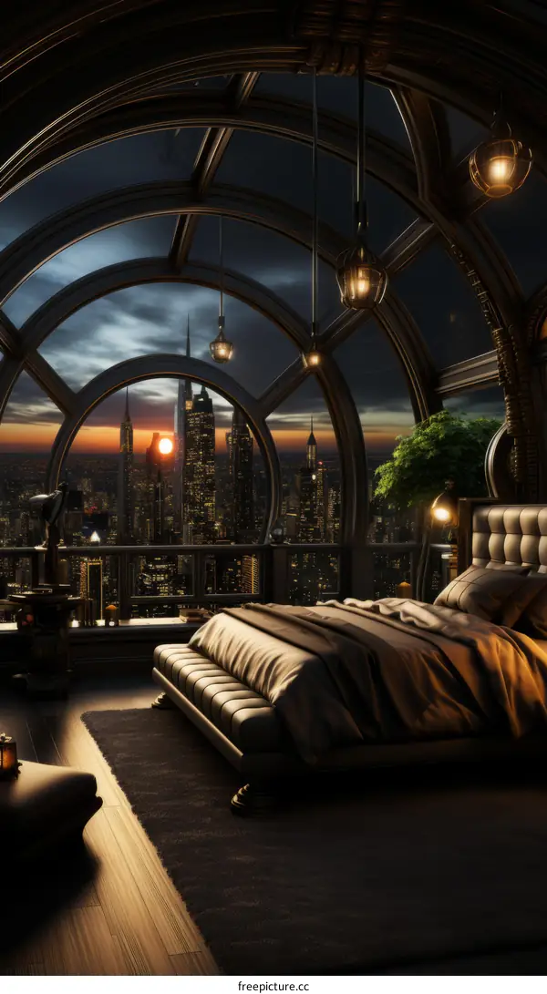 futuristic bedroom interior design with city view