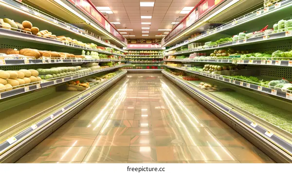 Empty Grocery Store Aisle with Produce and Bread