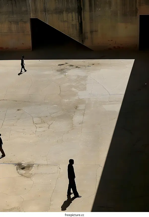 Silhouettes of People Walking in a Concrete Courtyard
