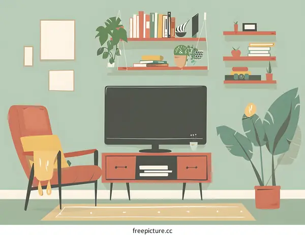 Modern Living Room Illustration With TV and Plants