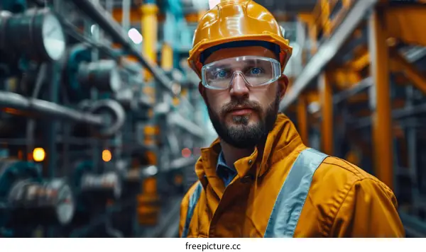 Portrait of a male engineer wearing a hard hat and safety glasses in an industrial setting