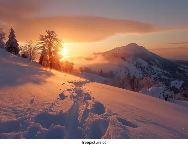 Sunrise over Snowy Mountain Landscape