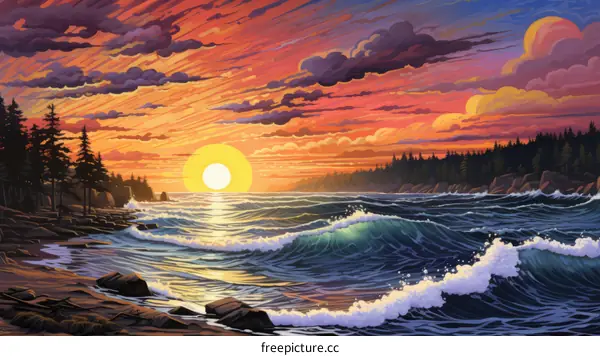 crimson sea sunset landscape painting