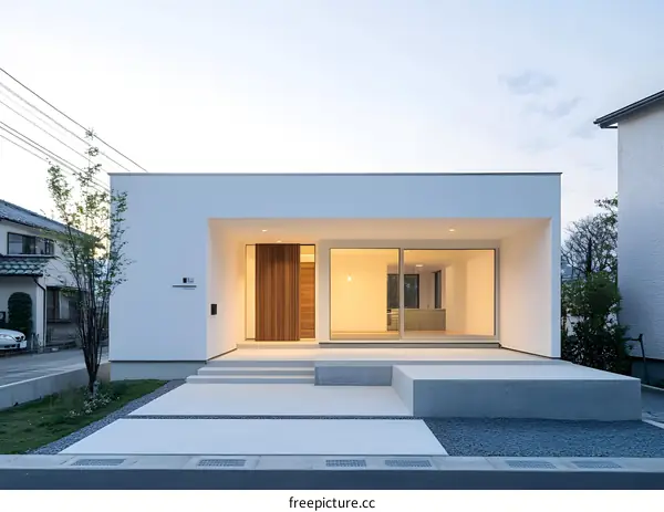 Modern White House Exterior with Wooden Door