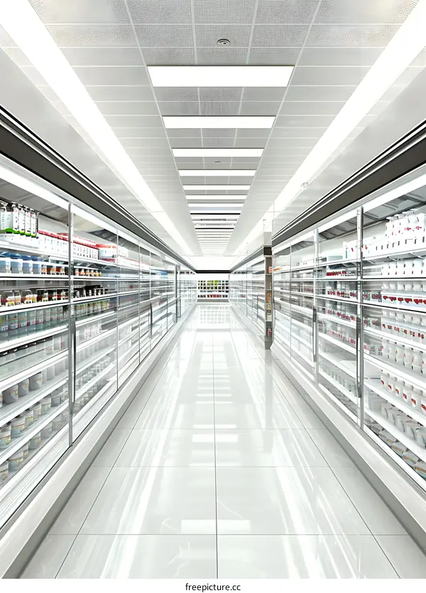Empty Supermarket Aisle With Shelves Of Products