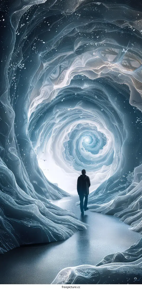 Man walking through a glowing blue cave