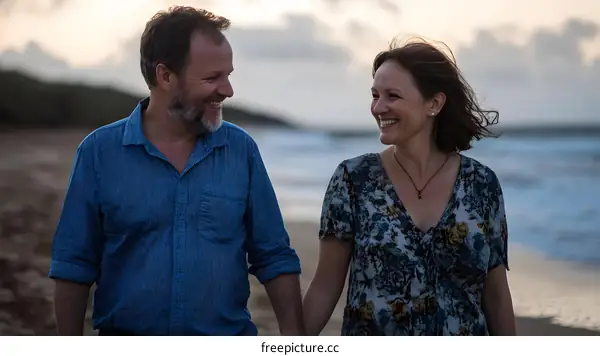 Couple Walking Hand In Hand On The Beach At Sunset