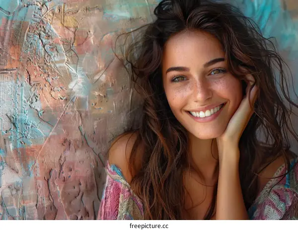Beautiful Woman with a Smile and Wall Background
