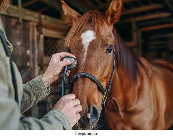 Close-up of a veterinarian examining a horse with a stethoscope