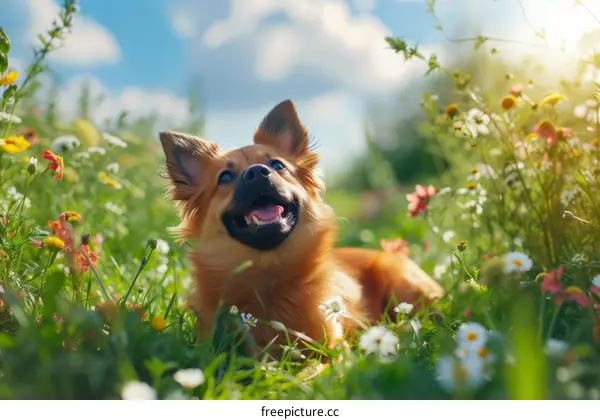 A happy dog is lying in a field of flowers