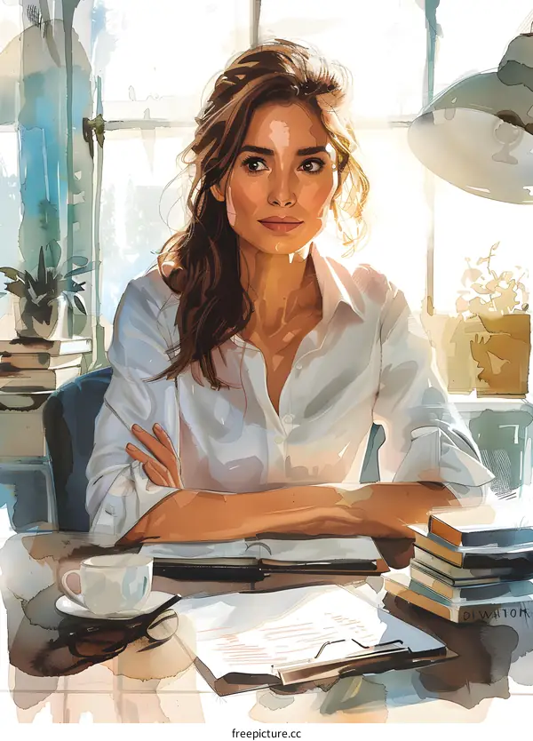 A beautiful woman is sitting at a desk looking thoughtful