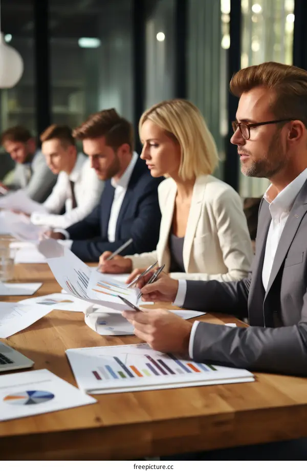 Business professionals in a meeting discussing documents and graphs