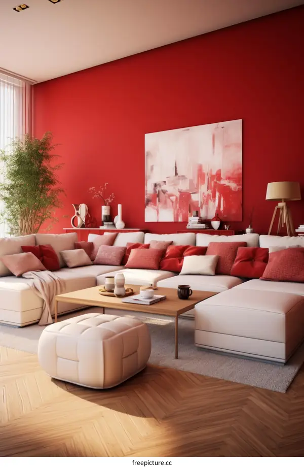 Chic Red Living Room with White Sofa and Sectional Sofa