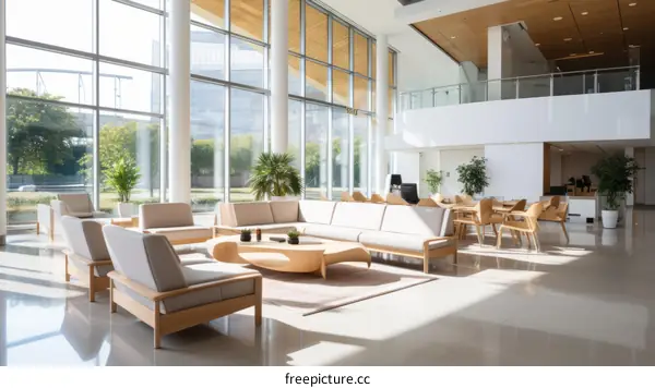 Waiting Area With Modern Furniture And Large Windows