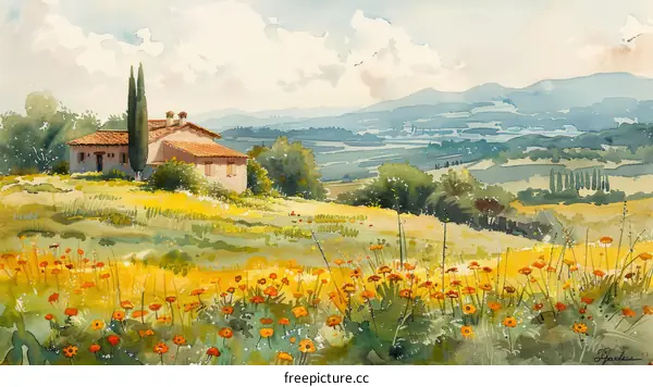 Watercolor Landscape of Rural Italy with Distant House