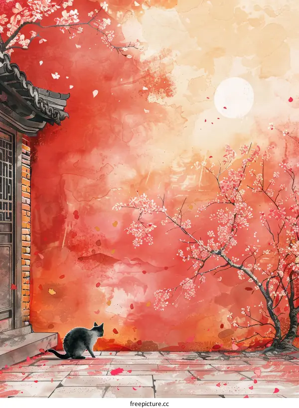 A black cat sitting under a cherry blossom tree