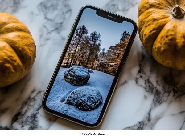 Phone screen with a snowy landscape picture