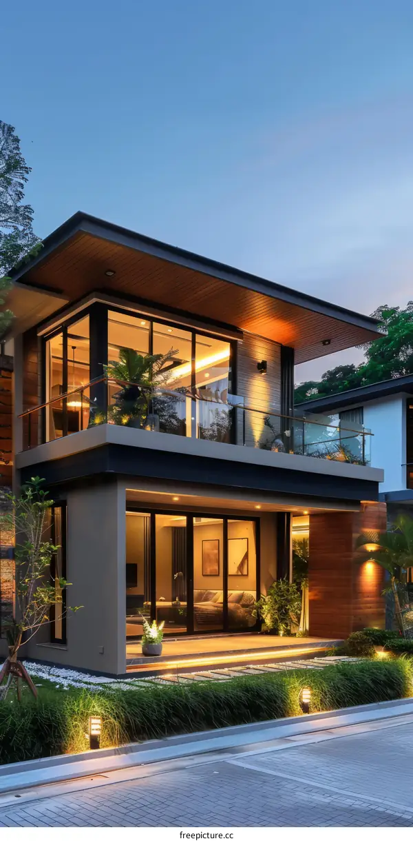 Modern Minimalist Luxury Villa with Large Glass Windows and Balcony