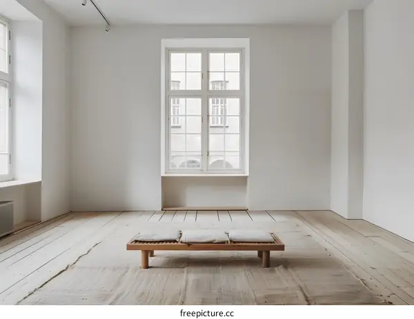 Minimalist White Room with Wooden Bench and Window