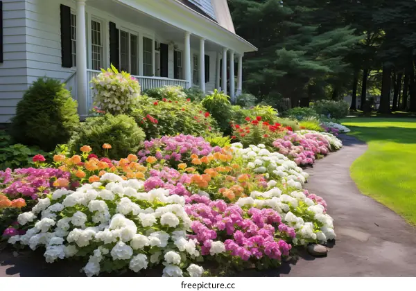 Colorful flowers in front of a house