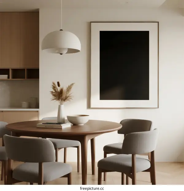 Minimalist dining room with wooden table and gray chairs