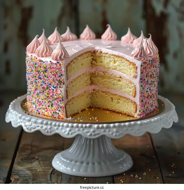 Pink Frosted Layer Cake with Rainbow Sprinkles