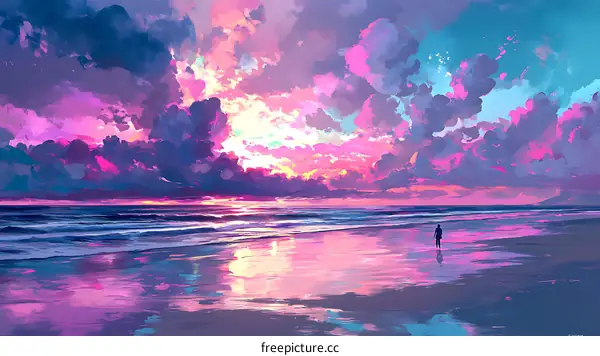 Colorful Sunset Beach Scene with Silhouette Figure