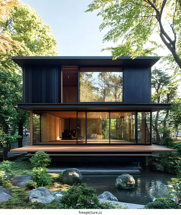 Modern Japanese House with Glass Windows and Wooden Deck