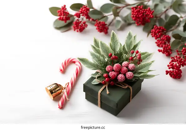 Christmas Gift Box Decoration with Candy Cane and Berries