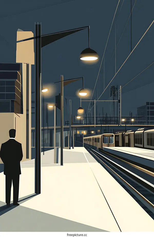 A man waits at a train station platform