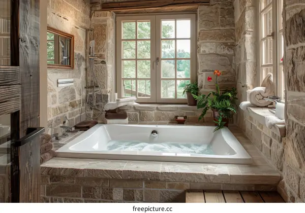 Rustic Stone Bathroom with Jacuzzi Tub