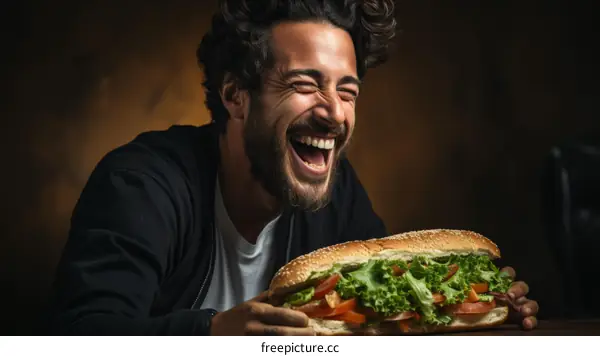 Laughing man eating a large sandwich