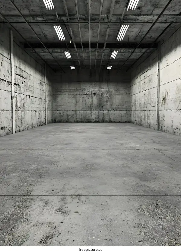 Empty Concrete Room with Fluorescent Lights