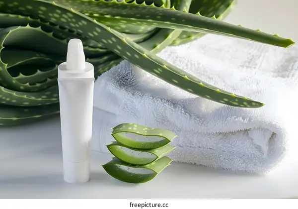 Aloe Vera Plant with Cream Tube and White Towel