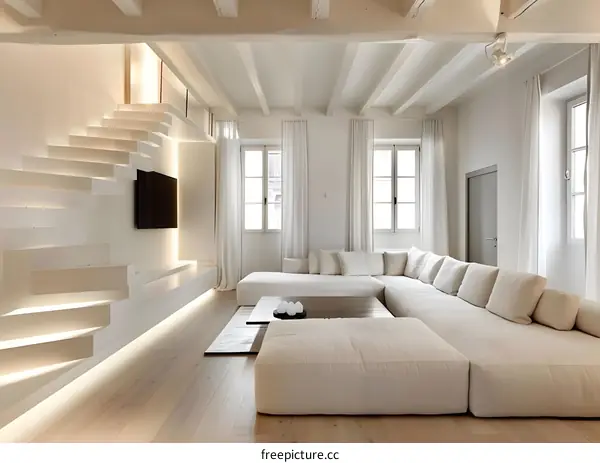 Modern Minimalist Living Room with White Walls and a Floating Staircase