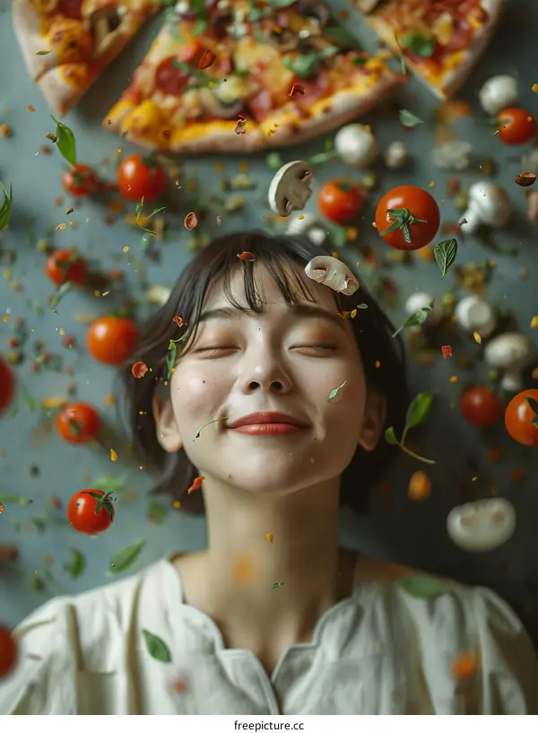 Young Woman Enjoying a Delicious Pizza with Mushrooms and Tomatoes