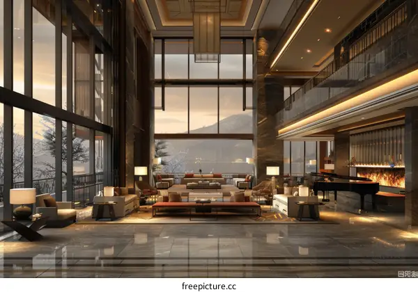 Luxury Hotel Lobby with Mountain Views
