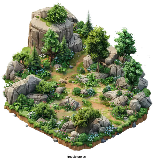 [Transparent Background PNG]isometric view of a rocky hill