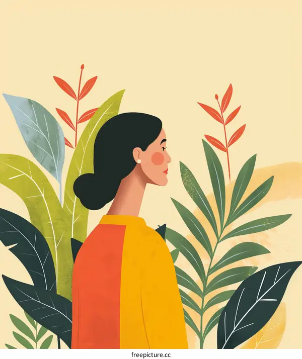 A woman standing in front of a lush garden