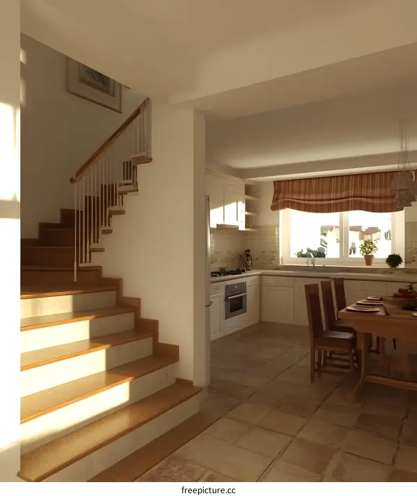 Modern Kitchen and Staircase Interior Design with Wooden Flooring and White Walls